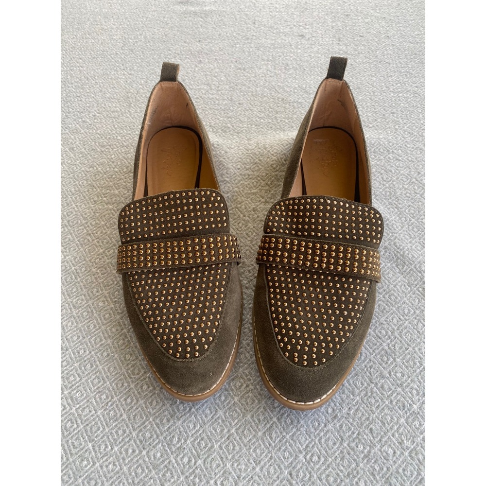 Crown Vintage Loafers Women 8.5 Olive Green Suede Gold‎ Studded Slip On Flats